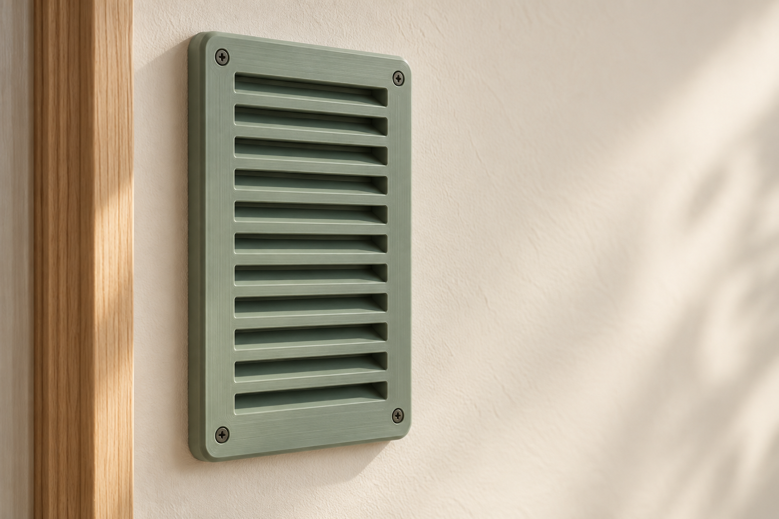 Sage cover on a warm plaster wall beside oak trim